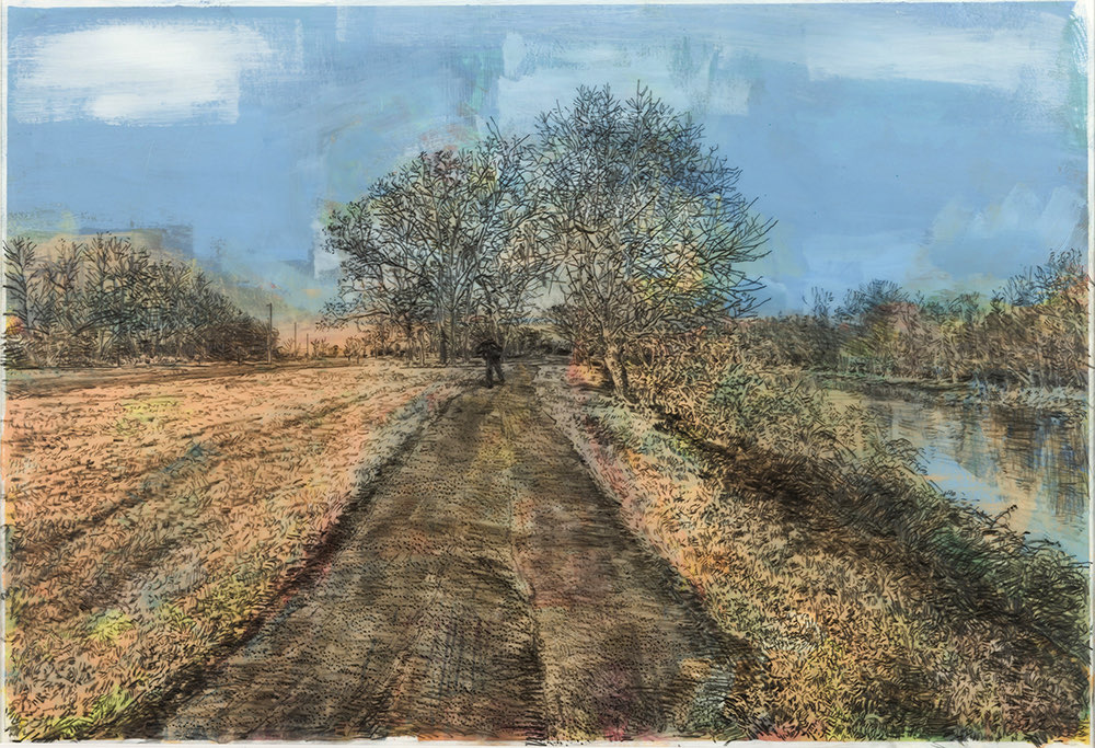  OLD COUNTY ROAD • 2019 • Pencil on Drafting Film over Acrylic and Gouache on Paper • 13 x 19 inches [33 x 48 cm] • Private Collection, Iowa City, IA 