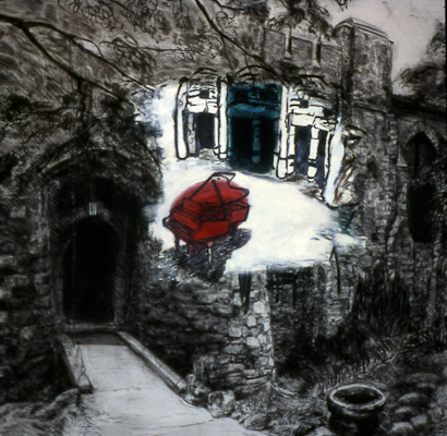 (...selects his luggage) • 1989 • 70  x 69 inches • Charcoal and Oil on Canvas 