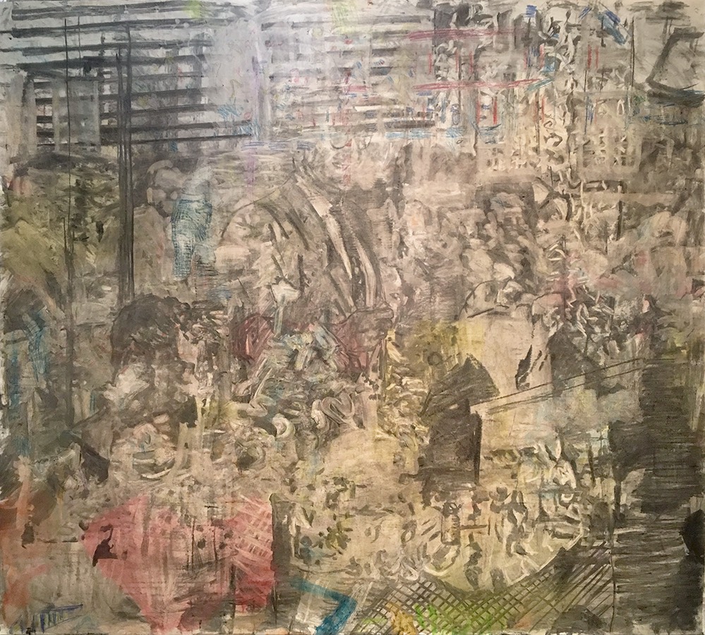  PODIUM • 2018 • Charcoal, Acrylic, Colored-pencil, Pastel and Coffee on Prepared Paper • 83 x 91 inches [211 x 231 cm] 